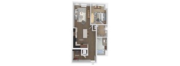 3D floor plan of a 1 bedroom 1 bathroom apartment sized 762 square feet.