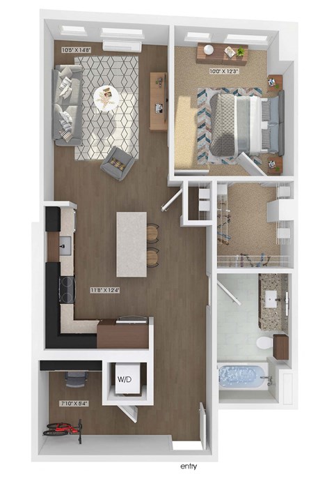 3D floor plan of a 1 bedroom 1 bathroom apartment sized 762 square feet.