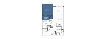 A floor plan of a small apartment with a bedroom, living room, kitchen, dining room, bathroom, and entry.