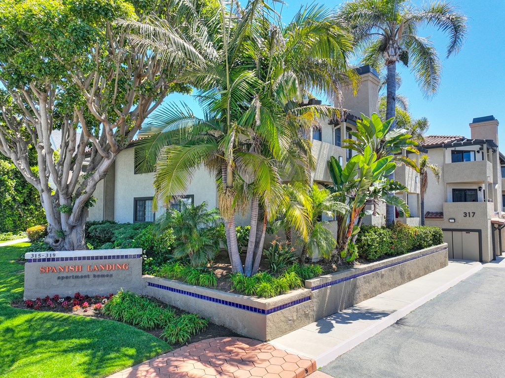 a city is a suburb with palm trees and a sign