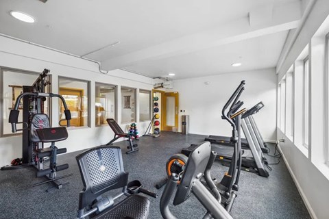 A gym with a variety of exercise equipment including treadmills, stationary bikes, and weight machines.