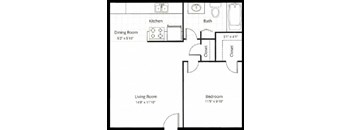 A floor plan of a one bedroom one bathroom apartment with 400 square feet.