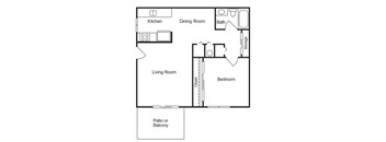 A floor plan of a 1 bedroom 1 bathroom apartment with 660 square feet.