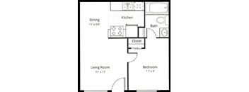 A floor plan of a one bedroom one bathroom apartment with 529 sqaure feet.