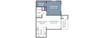 A floor plan of the 1 Bedroom 1 Bathroom A apartment with 665 squae feet.