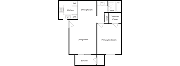 A diagram of an apartment layout with labeled rooms.