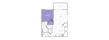 A 2D purple, white, and black floor plan of an apartment home.