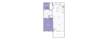 A 2D purple, white, and black floor plan of an apartment home.