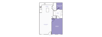 A 2D purple, white, and black floor plan of an apartment home.