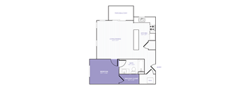 A 2D purple, white, and black floor plan of an apartment home.