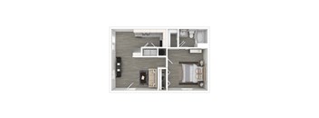 A top-down view of a modern apartment layout with a living room, kitchen, and two bedrooms.