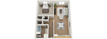 A top-down 3D floor plan of an apartment home.