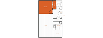 A white, black, and orange 2D floor plan of an apartment home.