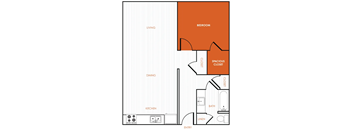 A white, black, and orange 2D floor plan of an apartment home.