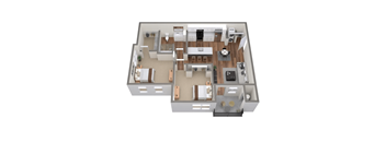 A 3D floor plan of an apartment home.