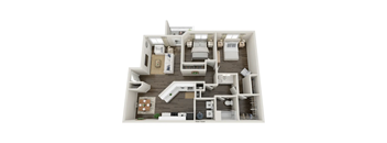 A top-down 3D floor plan of an apartment home.