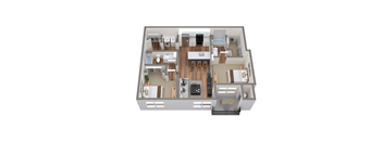 A 3D floor plan of an apartment home.