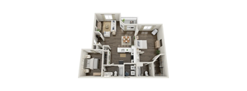 A top-down 3D floor plan of an apartment home.