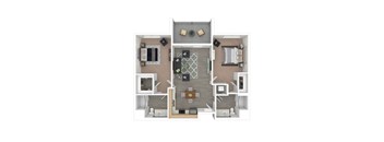 A top-down view of a house layout with a living room, kitchen, dining area, and bedrooms.