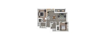 A 3D floor plan of a house with a kitchen, living room, and bedrooms.