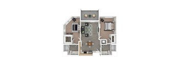 A 3D floor plan of a house showing the layout of the rooms.