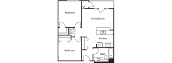 A floor plan of a small apartment with two bedrooms, a living room, a kitchen, and a bathroom.