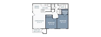 A floor plan of a 2 bedroom 1 bathroom apartment.