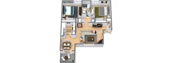 A 3D floor plan of a 2 bedroom 1 bathroom apartment.