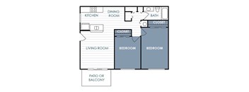 A floor plan of a house with a living room, two bedrooms, a kitchen, a dining room, a bath, a closet, and a patio or balcony.