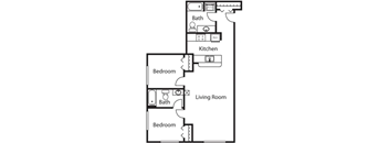 A floor plan of a home with a living room, two bedrooms, a kitchen, and 2 bathrooms.