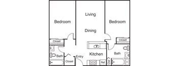 A black and white diagram of a house layout with two bedrooms, a living room, a dining room, a kitchen, and two bathrooms.