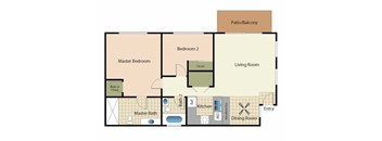 A floor plan of a house with a master bedroom, two bathrooms, a living room, a kitchen, a dining room, and a patio/balcony.