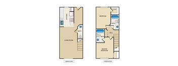 A floor plan of a two-story apartment with a living room, kitchen, and bedrooms.