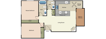 Two bedrooms one and a half bath apartment floorplan