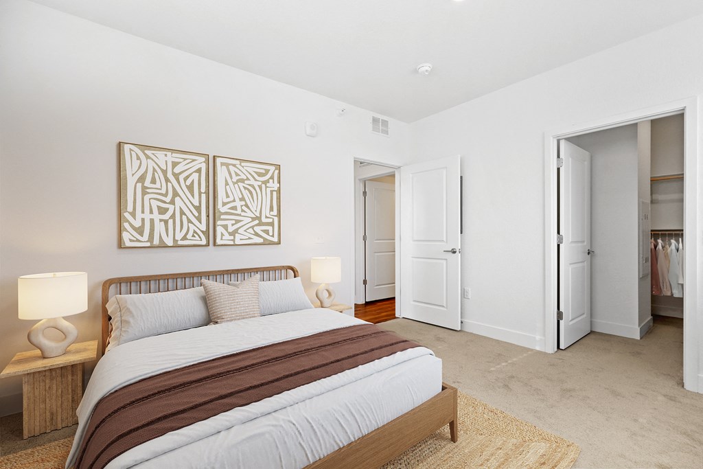 a bedroom with a bed and a closet