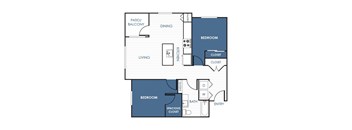 A floor plan of an apartment with two bedrooms, a living room, a dining area, a kitchen, a pantry, a patio/balcony, and a bathroom.