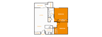 2 Bedroom 1 bathroom Broadway floor plan with 900 square feet