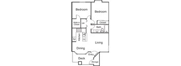 A 2D floor plan of an apartment with two bedrooms, a kitchen, a dining area, and a patio/balcony.