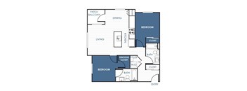 A floor plan of an apartment with two bedrooms, a living room, a kitchen, a dining area, a pantry, a bathroom, and a closet.