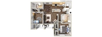 A 3D floor plan of a small apartment with a kitchen, living room, and bedroom.