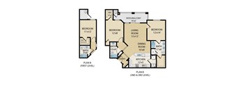 A floor plan for a two-story home with three bedrooms, a living room, a dining room, a kitchen, and two bathrooms.