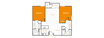 2 bedroom 2 bathroom Manhattan floor plan with 1050 square feet