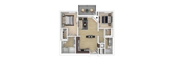 A 3D floor plan of the 2 bedroom 2 bathroom apartment