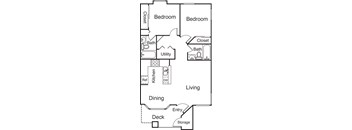 A 2D floor plan of a apartment with two bedrooms, a kitchen, a dining area, and a patio/balcony.