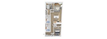 3D floor plan of a 2 bedroom 2 bathroom apartment sized 874 square feet.