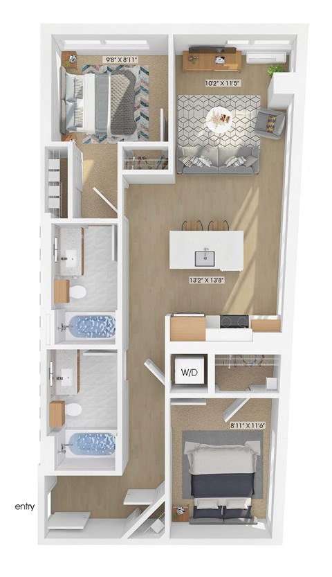3D floor plan of a 2 bedroom 2 bathroom apartment sized 874 square feet.