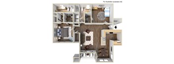 A 3D floor plan of a house with a kitchen, living room, and bedrooms.