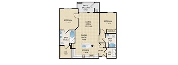 A floor plan of a house with a living room, two bedrooms, a dining room, a kitchen, a bathroom, a laundry area, a patio, a balcony, and a walk-in closet.