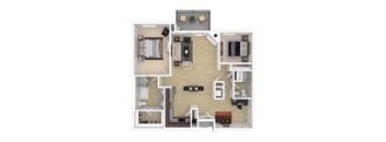 A 3D floor plan of the 2 bedroom 2 bathroom B Apartment.