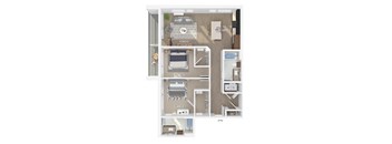 3D floor plan of a 2 bedroom 2 bathroom apartment sized 1083 square feet.